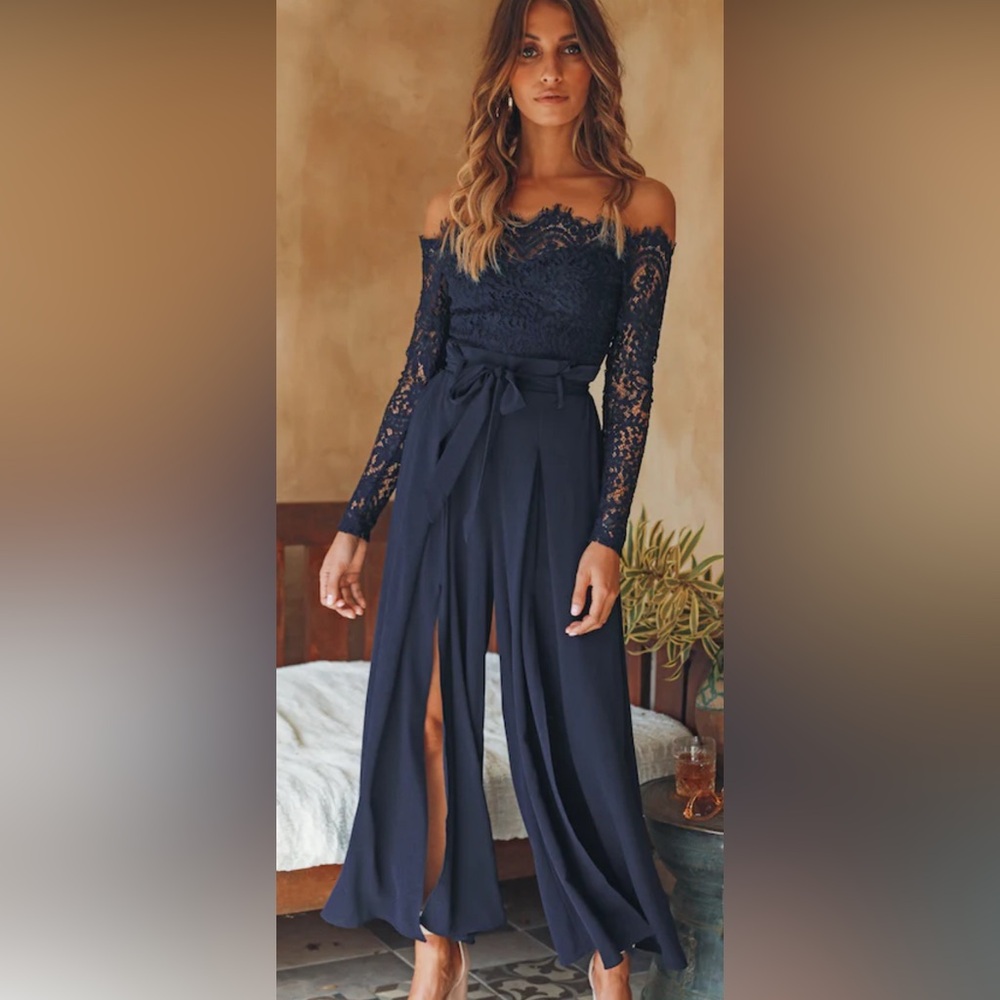 Navy Blue Lace Romper Dress